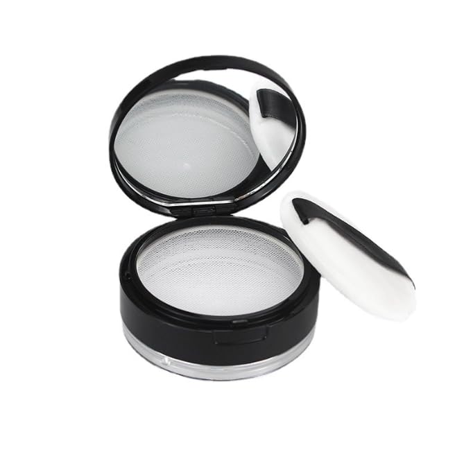 1PCS 10g(0.35 oz) Portable Loose Powder Container Reusable Plastic Loose Powder Container Makeup Powder Case with Sponge Powder Puff,Mirror and Elasticated Net Sifter (Black)