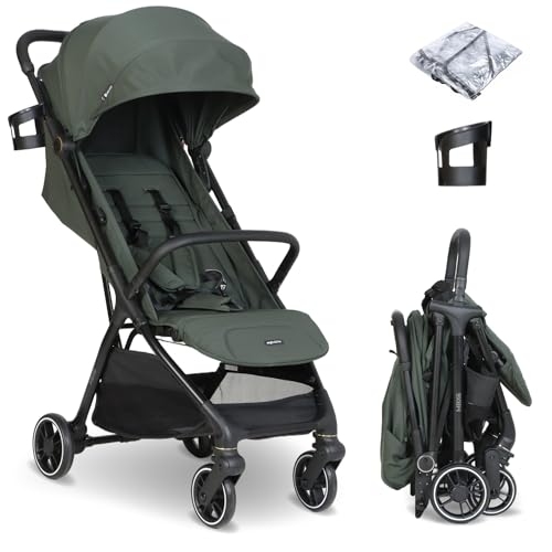 Image of My Babiie MBX6 Autofold Stroller – from Birth to 4 Years (22kg), Foldable & Compact, Lightweight, Travel Buggy for Toddlers, Pushchair Includes Rain Cover - Forest Green