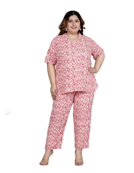 Image of Printed Shirt Style Cotton Night Suit for Women with Extra Plus Size