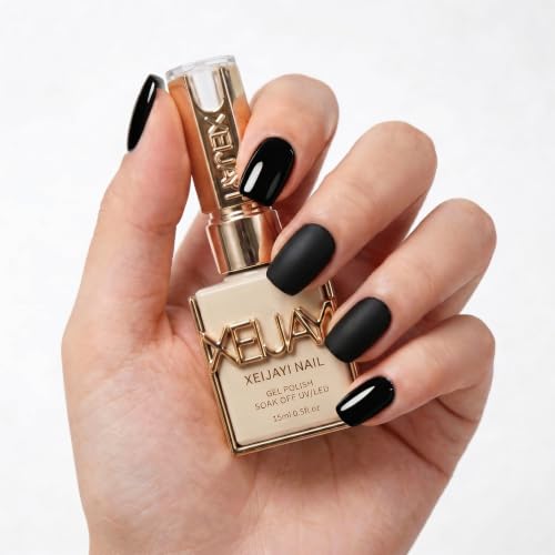 XEIJAYI Gel Nail Polish - Pure Black M-050 | High Gloss & Matte Finish | Long-Lasting Soak Off UV/LED Gel | Professional Nail Art Manicure Color 15ml