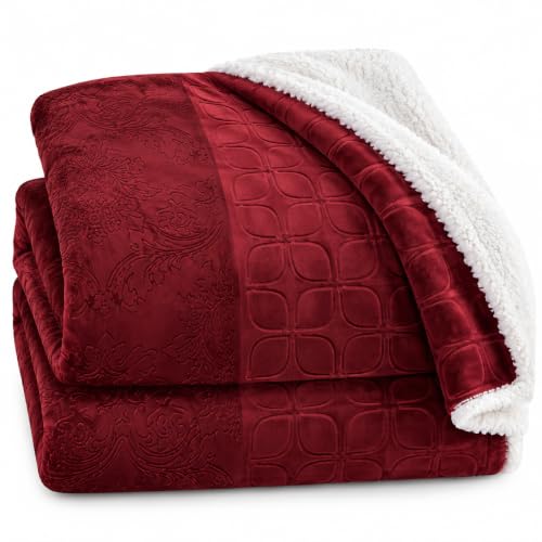 Tache Merlot Red Bed Blanket - Burgundy Embossed Super Soft Warm Sherpa Fleece Throw Blanket Plush and Cozy Blanket for Couch Sofa and Bed - Twin Size - 63 x 87 Inch