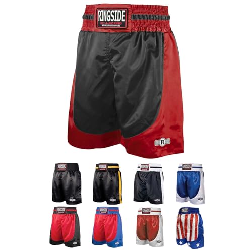 Ringside Pro-Style Boxing Trunks, Satin Boxing Shorts for Men and Women, Ideal for Boxing, MMA, Muay Thai, Black/Red, Medium