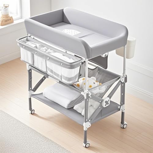 Garvee Portable Baby Changing Table with Wheels, Folding Diaper Changing Station with Adjustable Height, Cleaning Bucket & Storage Organizer, No Assem