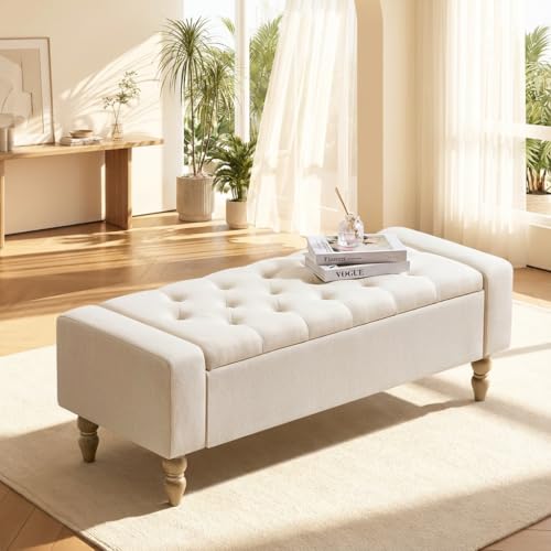 Coffre Banc Rangement Salon – Banc avec Coussin, Ottoman de Rangement Moderne pour Entrée, Chambre, Couloir – Bench Coffre Pratique et Élégant avec Grand Espace de Stockage, Beige