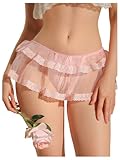 SweatyRocks Women's Lace Thong Underwear Cut Out Bow Ruffled Panties Pink Small