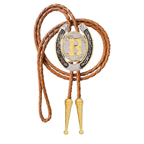 Image of Bolo tie for Men Western Cowboy Brown Leather Necktie Gold Initial Letter ABCDJMR to Z Bolo ties for Women