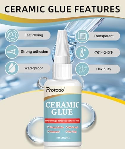 Protado Ceramic Glue, 35g Heavy Duty Super Strong Clear Glue, Waterproof Heat Resistant Adhesive for Ceramic Bonding, Repair, Porcelain, Tile, Pottery, Mugs, Dishes, DlY Kits - 1