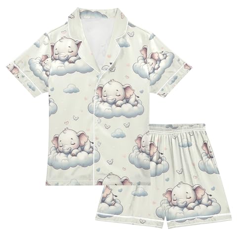 senya Cute Sleeping Elephants Satin Summer Pajama Sets Silk Short Sleeve Button Down Sleepwear