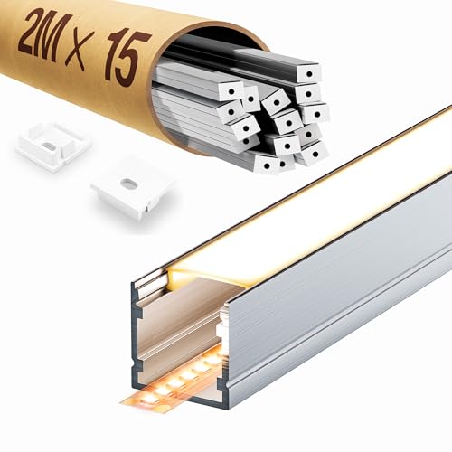 ClarivantiLED 5×Profilé LED 2m (10m) – Rail aluminium avec diffuseur, compatible avec ruban LED jusqu’à 15mm – Idéal pour escaliers, sols et couloirs (SP33, 15 pièces (30 m au total))