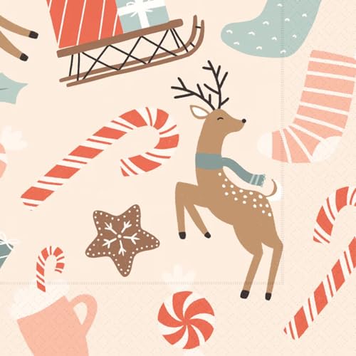 IHR Ideal Home Range Cocktail Napkins Disposable 3-Ply Paper Party Napkin Pack, 5" x 5", Dancing Deer Gingerbread, 20-Count