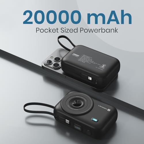 Image of Portronics Power Shutter 20000mAh 15W Magnetic Wireless Fast Charging Powerbank with in-Built Type C & 8 Pin Cable, 22.5W Type C PD Output, Type C Bidirectional Port, LED Display (Black)
