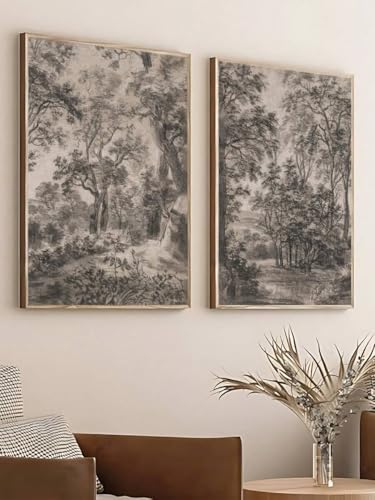 Toile forêt noir et blanc lot de 2 décorations murales nature 20x35cm