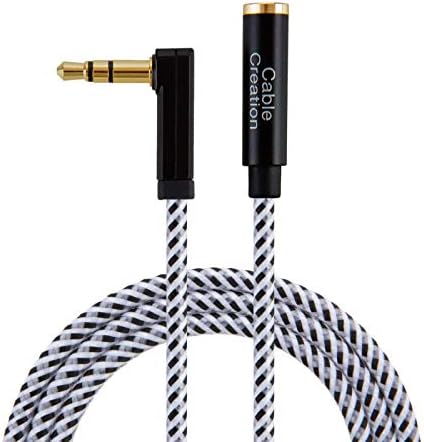CableCreation 10 Feet 3.5mm Male to Female Extension Stereo Audio Extension Cable Adapter, 90 Degree Right Angle Aux Cable, Black and White