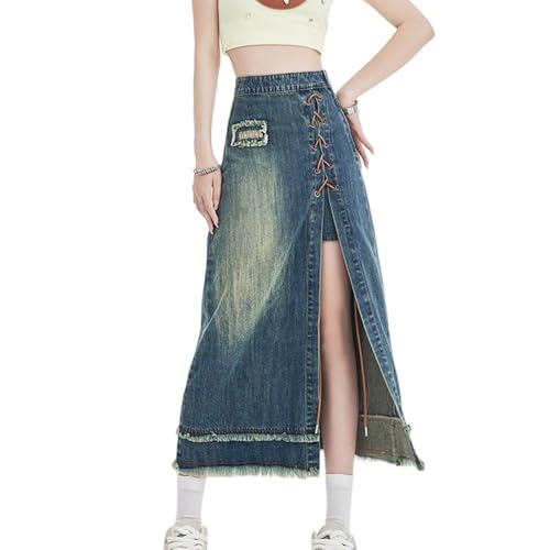 Women's High Waist Denim Skirt Lace Up Side Split Raw Edges Hem A Line Trendy Long Jean Skirt