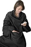 Napa Super Soft Cozy Fleece Blanket with Sleeves and Front Pocket Lounger Adult Sofa Throw Robe for Men and Women, Black