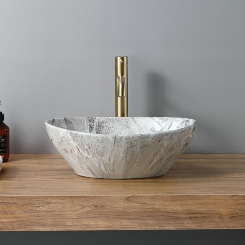 DILECI – Vasque Ovale Effet Pierre Naturelle 41,5x33,5x14,5 cm – Lavabo en Composite ou Céramique Léger – Design Minéral Authentique – Idéal Salle de Bain Moderne ou Naturelle – Facile d’Entretien