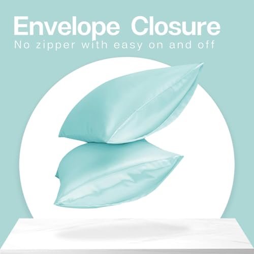 Image of MR&HM Satin Pillowcase for Hair and Skin, Silk Satin Pillowcase 2 Pack, Standard Size Pillow Cases Set of 2, Silky Pillow Cover with Envelope Closure (20x26, Turquoise)