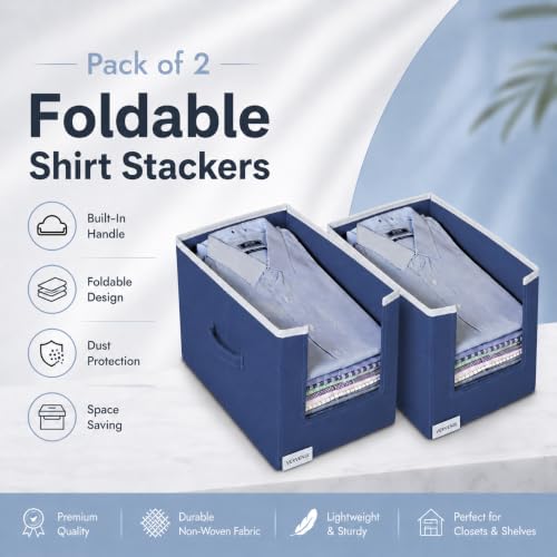 Image of VERVENIX Shirt Stacker Set of 2, Non Woven Foldable Clothes Storage Organizer with Handle, Wardrobe Closet Organizer, Space Saving Cloth Organizer for T-Shirts, Shirts, Jeans, Blue