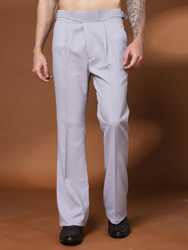 Image of Mens Beige Gurkha Pants with Classic Buckle Closure Premium Casual Bell Bottom Trousers for Men High Waist Pleated Formal & Casual Wear Pant Stylish Retro Flared Bottom Pant