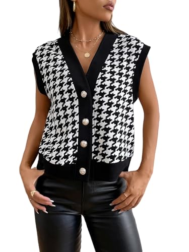WDIRARA Women's Houndstooth Button Down V Neck Sleeveless Color Block Vest Jacket