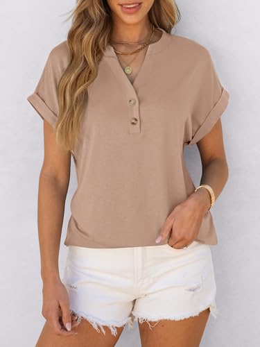 Image of ANRABESS Womens Short Sleeve Henley Tops V Neck Dressy Casual Blouses Summer Trendy Tee Shirts 2026 Vacation Fashion Clothes
