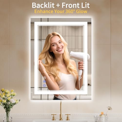 Image of 22 inchx30 inch LED Bathroom Mirror with Lights, Anti-Fog, Backlit + Front Lit, Dimmable, Led Vanity Mirror for Wall, Lighted Bathroom Mirror, 3 Colors, Shatter-Proof Tempered Glass