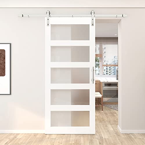 Barnsmith 36In X 84In Glass Barn Door With 6.6Ft Sliding Door Hardware Kit Included & Handle,5-Panel Frosted Glass Solid Wood Slab With Water-Proof Pvc Surface,Pre-Drilled Easy Assembly,White #TOP4