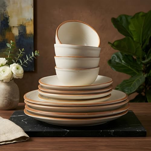 Image of Miah Decor Ceramic Dinner Set - 12-Piece Handmade Stoneware Dining Set | 4 Bowls, 4 Quarter Plates & 4 Dinner Plates | Off White Ribbed Matte Finish | Microwave & Dishwasher Safe | Ideal for Gifting