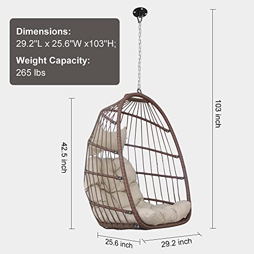Swing Egg Chair Without Stand Indoor Outdoor Wicker Rattan Patio Basket Hanging Chair with UV Resistant Cushions 265lbs Capaticy for Bedroom Balcony Patio (Without Stand) - Thumbnail 3