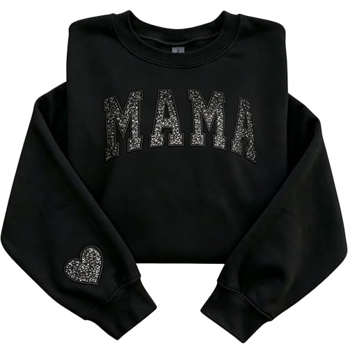 ROSLILY Embroidered Glitter Mama Sweatshirt With Heart On Sleeve Womens Black Oversized Pullover For Mom Mothers Day Birthday New Mom Gift L