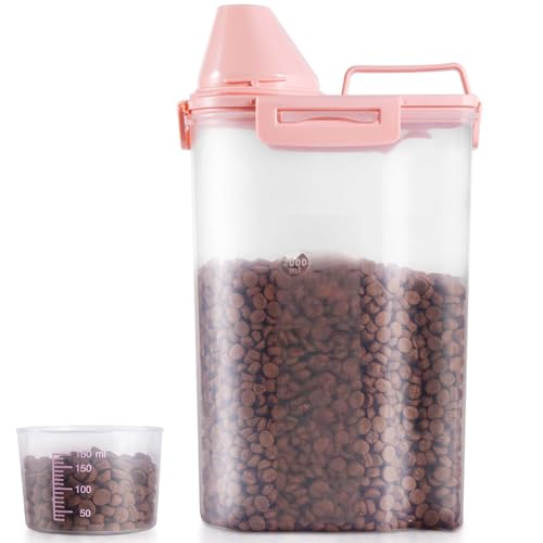 SenseYo 2.5lb Pet Food Storage Container with Measuring Cup, 3L Cat Food Storage Container Dog Food Storage BPA Free for Small Dog, Cat, Bird (Pink)