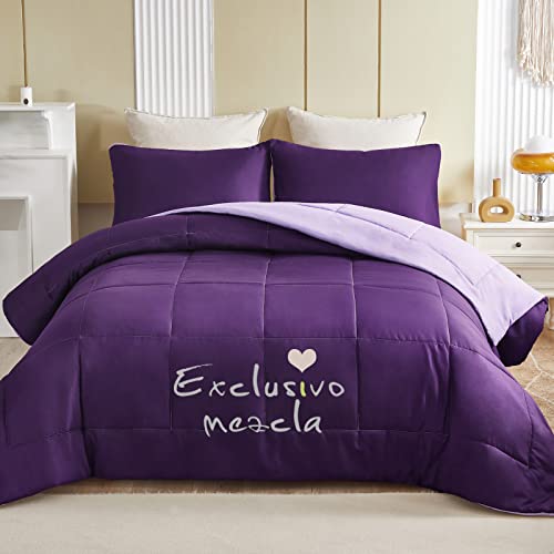 Exclusivo Mezcla Lightweight Reversible 3-Piece Comforter Set All Seasons, Down Alternative Comforter With 2 Pillow Shams, Queen Size, Deep Purple/Lilac #TOP1