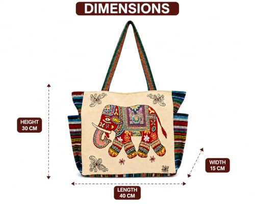 Image of Elephant Print Canvas Tote Bag for Women, Ethnic Shoulder Handbag with Multicolor Elephant Design, Dual Handle Everyday Carry Bag for Shopping, Office, College, Travel & Daily Use