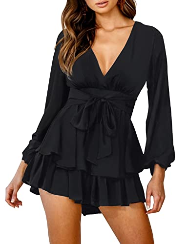 AIMCOO Women's Floral Print Deep V-Neck Romper Double Layer Ruffle