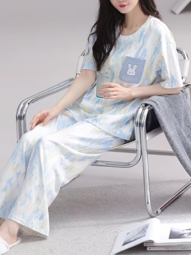 Image of Celary Korean Women's Pyjama Set|Half Sleeve T-Shirt & Printed Pyjama Set for Women|Size:- M to 4XL|Soft Cotton Blend Comfortable Night Suit for Women