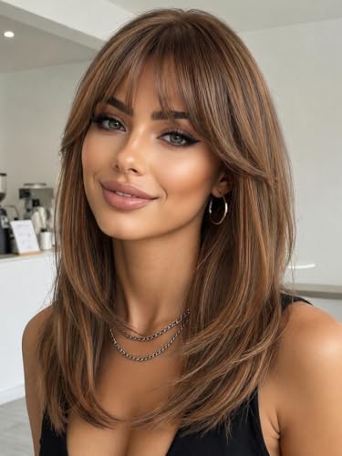 AISI HAIR Beginner Friendly Brown Wig with Bangs for Women Daily Party