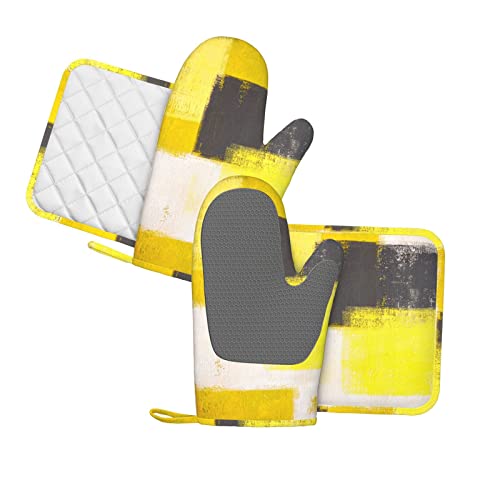 Oven Mitts Pot Holders Set Black Yellow Modern Art Silicone Kitchen Gloves Potholders Heat Resistant For Chef Baking Cooking Grilling Bbq 4 Pack Mitt #TOP1