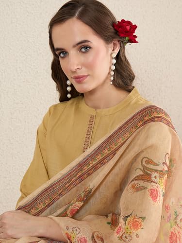 Image of INDO ERA Women's Straight Cotton Blend Ethnic Motifs Embroidered Kurta Pant With Dupatta Set
