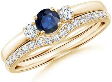 Blue Sapphire with Accented White CZ Two-Piece Bridal Ring for Women in Plated 925 Sterling Silver, Round Cut 4 mm 0.35 Carat Sapphire Gemstone, Wedding & Engagement Ring Set