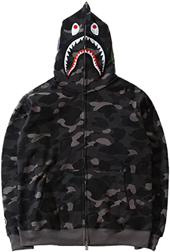 NIUVOO Shark Hoodie Herren Camo Shark Print Jacke Langarm Sweatshirt Camouflage für Männer Teenager, gris, M