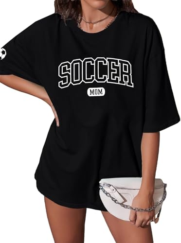 ASTANFY Women's Oversized Soccer Mom T-Shirt Black