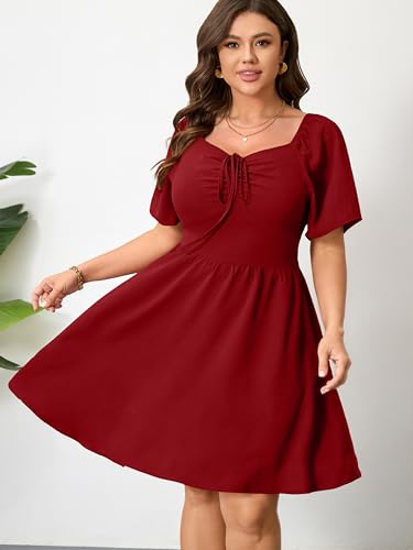 Image of RWJ Women Plus Size Summer Dress Short Sleeve Tie Front Sweetheart Neck Casual Mini Wedding Guest Dresses 2025
