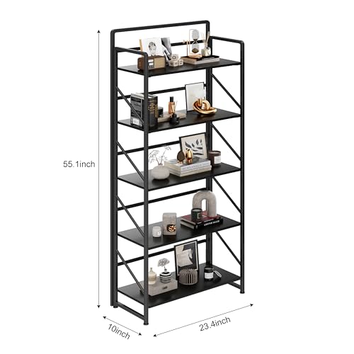 Image of JSB No Assembly Folding Bookshelf, 5 Tier Industrial Metal Book Shelf for Storage, Vintage Wood Foldable Bookcase for Living Room, Bedroom, Office Organization Shelves