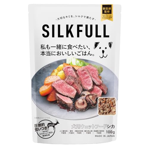 SILKFULL 犬用プレミアムウェットフード (シカ味) ドッグフード おやつ ご飯 国産 無添加 獣医師 管理栄養士 監修 ヒューマングレード 涙やけ 全犬種全年齢対応 腎臓 腎臓ケア 腎活 じんかつ 老廃物 排出 腸内 腸活 食物繊維 ペット シルク 特許製法 国産 (6袋)の商品画像（Amazon）