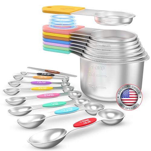 Magnetic Measuring Cups and Spoons Set of 17 – Stackable Stainless Steel Magnetic Measuring Spoons Set with Leveler – Dual Marking Scale Measuring Cup for Dry and Liquid Ingredients – Baking & Cooking