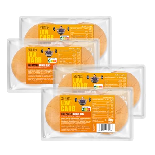 STEINER's Low Carb High Protein Burger Buns | 87% weniger Kohlenhydrate | 15g Protein & 14g Ballaststoffe pro Bun | Echtes Burger-Erlebnis ohne Kompromisse | 4x 140g Packung = 8 Stück