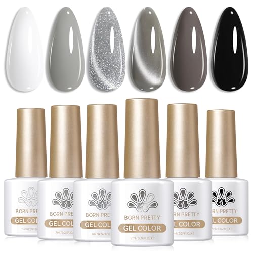 Born Pretty Esmalte Semipermanente, 6 Colores Negro Gris, Esmalte de Uñas Gel U V para Salón de Manicura y DIY en Casa 7ml