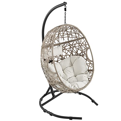 Ulax Furniture Egg Chair, Hanging Swing Chair With Stand, Outdoor Patio Wicker Tear Drop Hammock Chair With Cushion (Beige) #TOP4