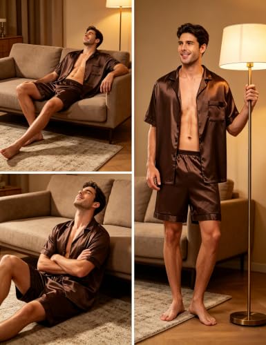 Image of SWOMOG Men Satin Silk Pajamas Sets Short Sleeve Sleepwear Button-Down PJs Sets Two-Pieces Loungewear with Pockets