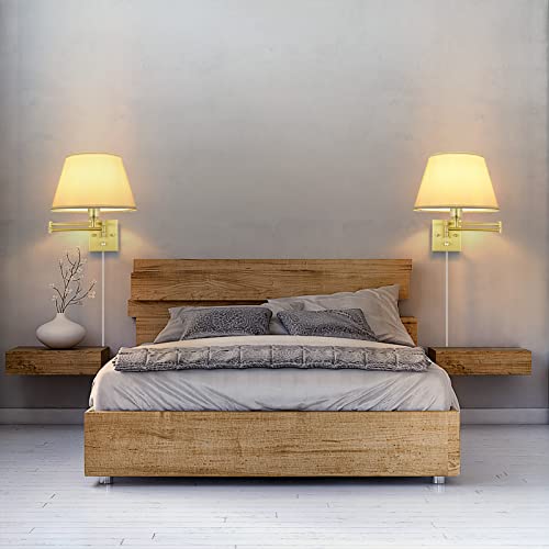 Image of TRLIFE Dimmable Wall Sconce Plug in, Brushed Brass Wall Sconces Set of 2 Swing Arm Wall Lights with Plug in Cord and Dimmer On /Off Knob Switch, 11.8 inch Large White Fabric Shade(2 LED Bulbs Included)